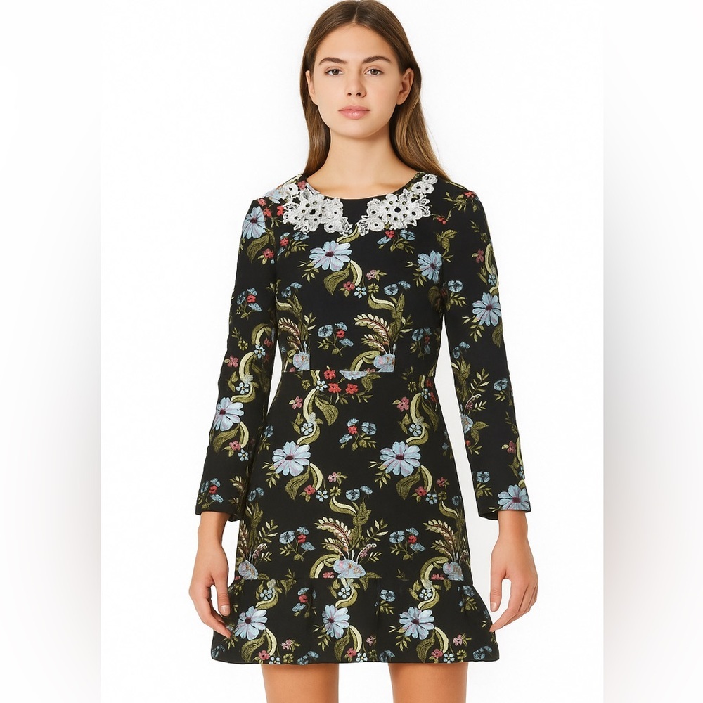 ASOS Black Floral  brocade Long Sleeve Dress 4-8